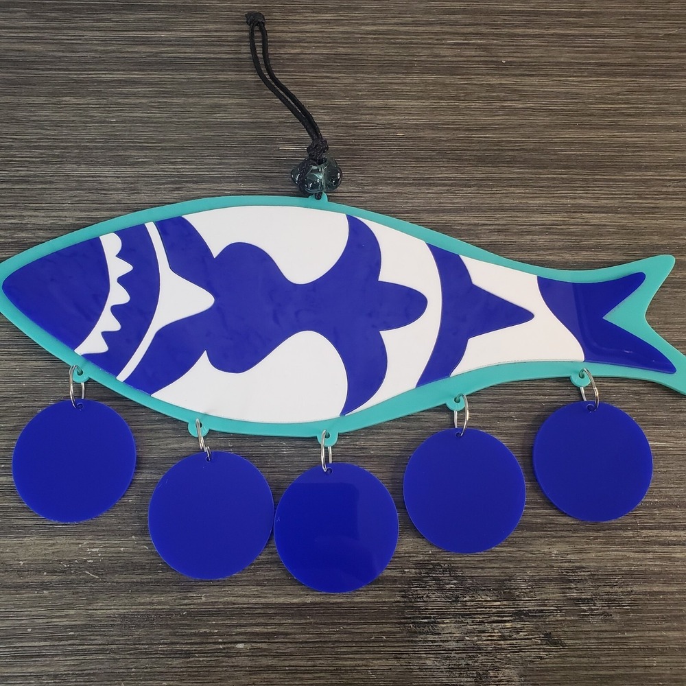 Fish Shaped Heavy Plastic‎ Hanging Outdoor Garden Decor 14" Long Blue Teal White